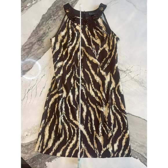 Jessica Howard Sleeveless Zebra/Cheetah Strip Beaded Neckline Mid Length Sz 10 - Picture 2 of 8